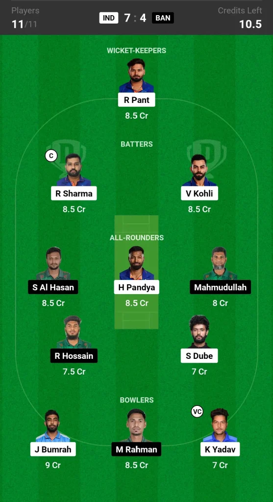 IND vs BAN Dream11 Prediction Today Match Grand League Team