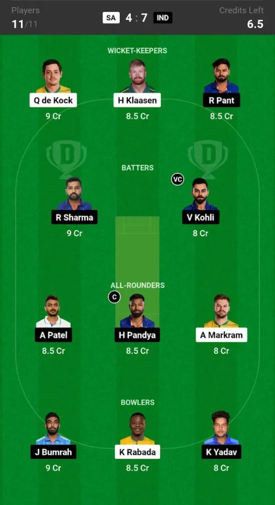 SA vs IND Dream11 Prediction Today Match Small League Team