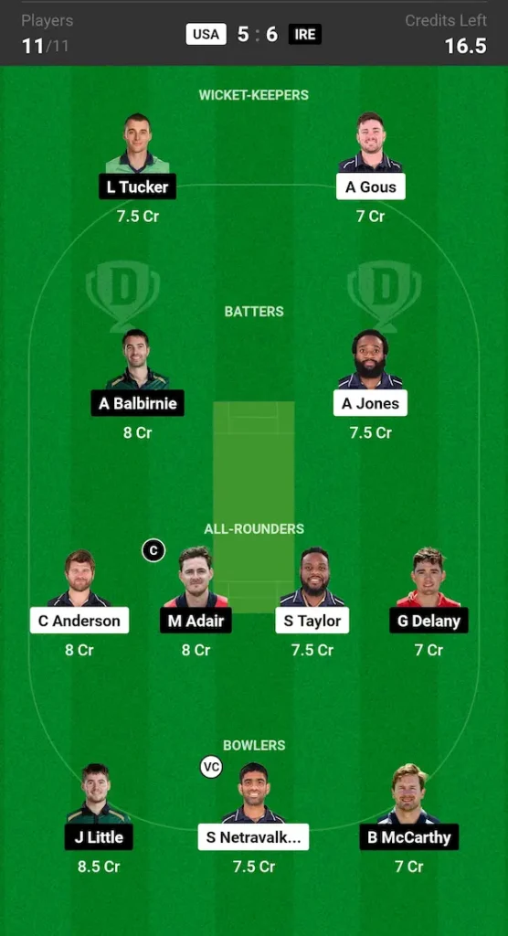 USA vs IRE Dream11 Prediction Today Match Small League Team