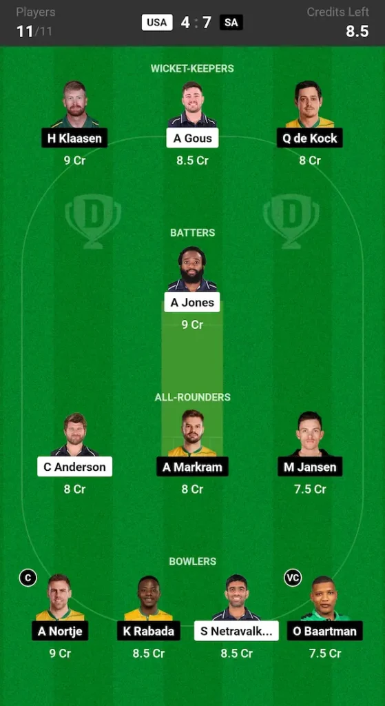 USA vs SA Dream11 Prediction Today Match Small League Team