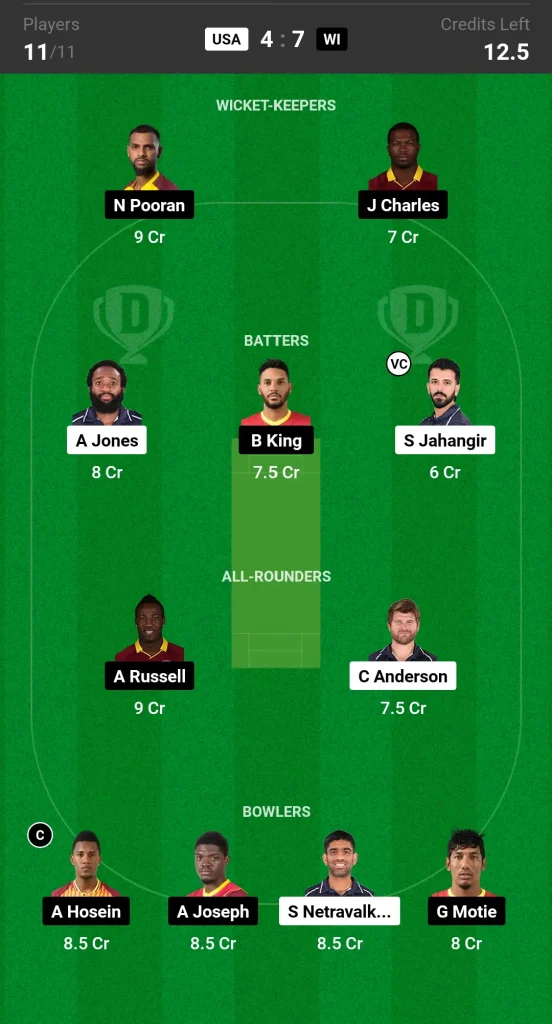 USA vs WI Dream11 Prediction Today Match Grand League Team